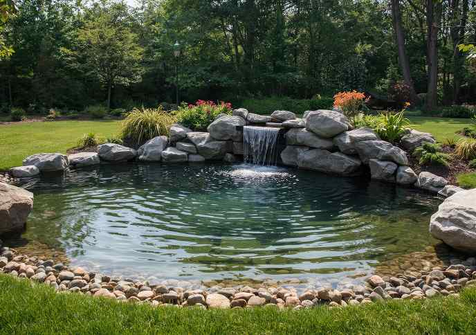 A serene garden pond surrounded by rocks and lush greenery, featuring a small waterfall cascading into the water.