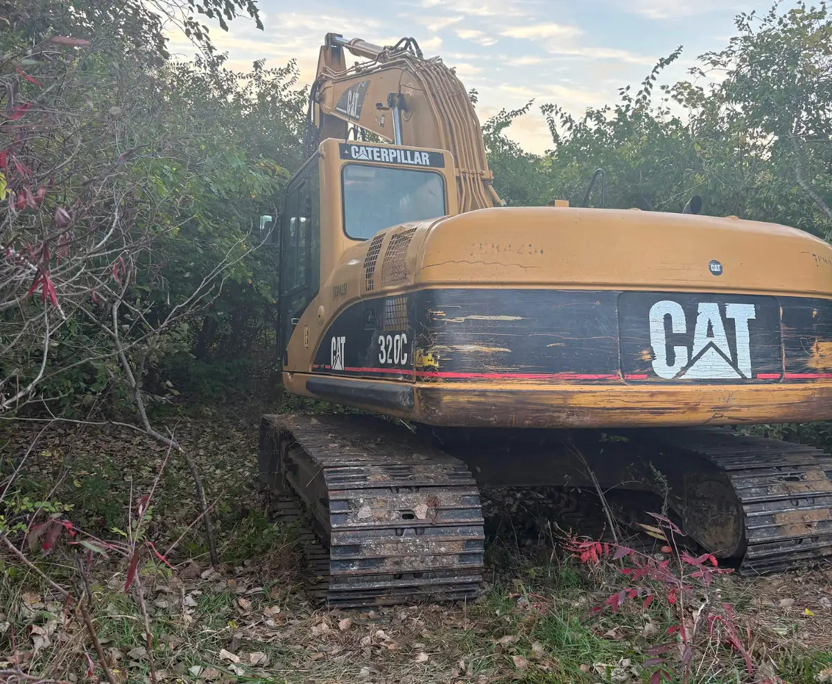 Weathered yellow Caterpillar CAT excavator rests on muddy tracks amid dense green brush, conveying ruggedness and quiet industrial decay.