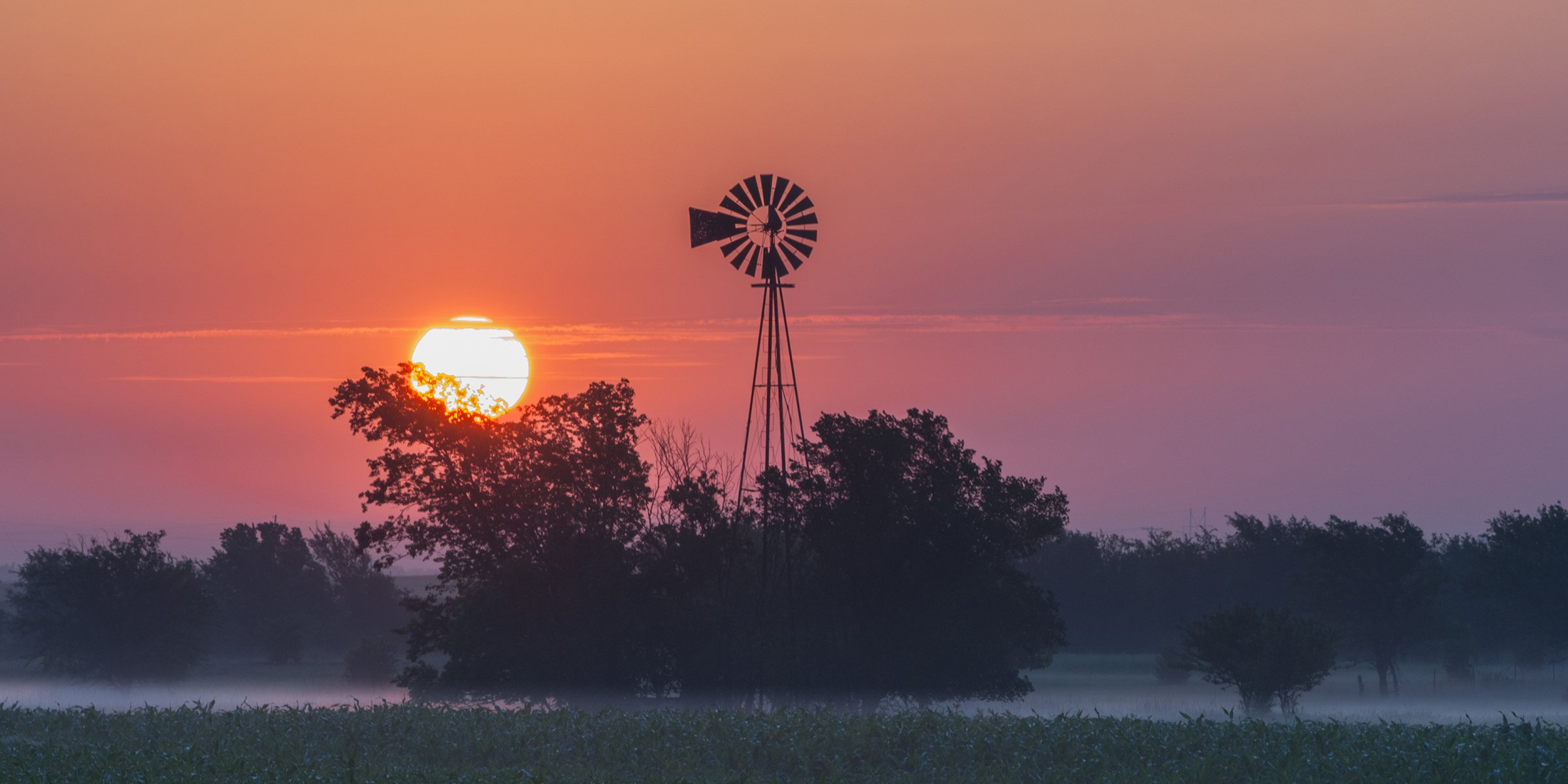 Sunset glows orange and purple behind a silhouetted windmill and trees, with low mist over a quiet field, creating a peaceful rural mood.