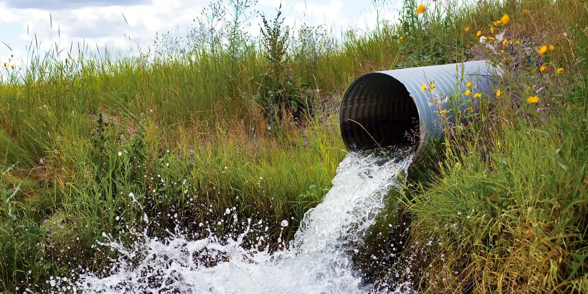 A large corrugated drainage pipe releases rushing water into a grassy wetland, splashing among wildflowers beneath a cloudy sky.
