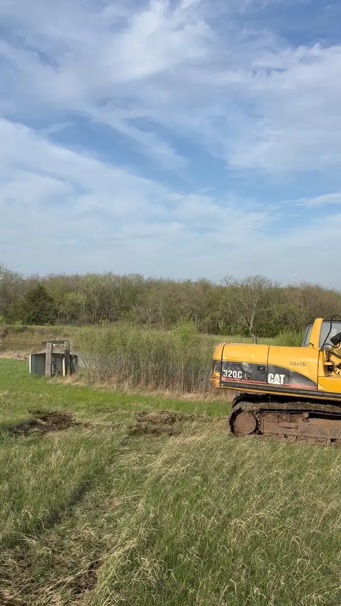 A bulldozer working on a cleared area surrounded by greenery.